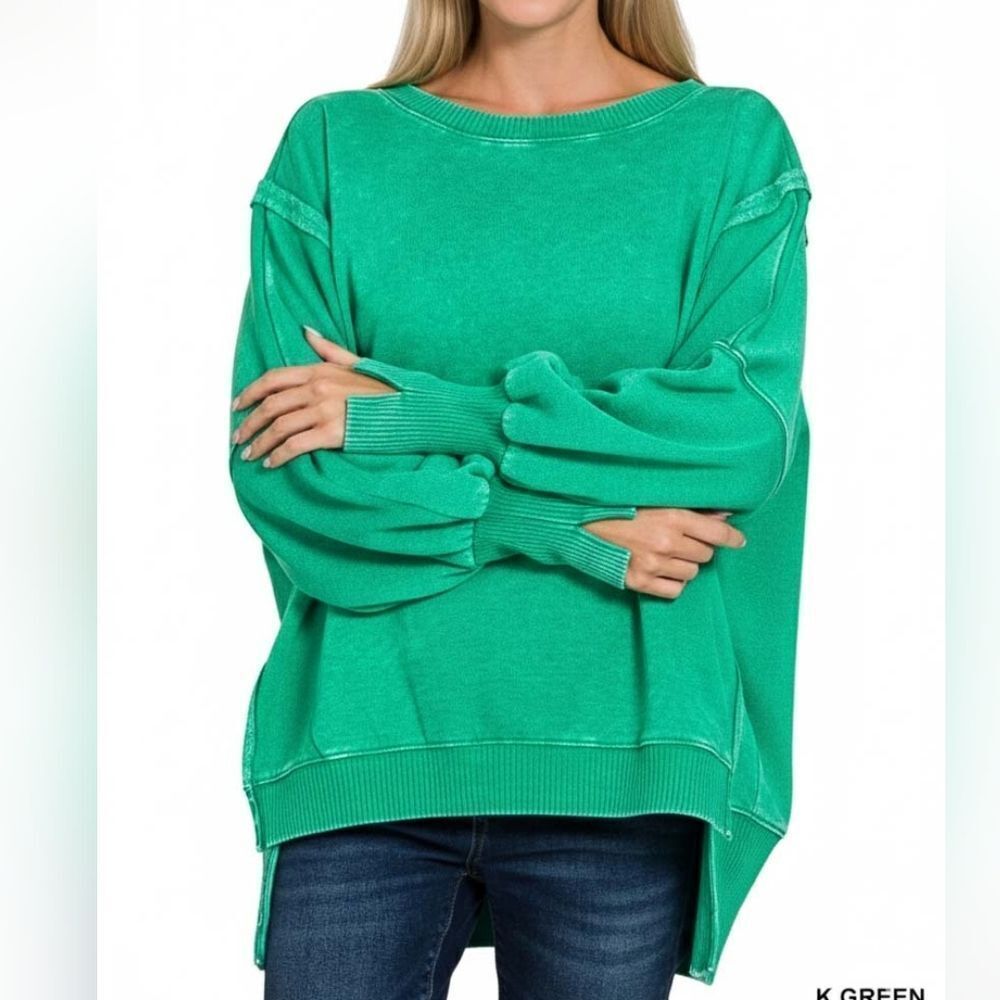 ***Zenana Acid Wash Oversized Batwing Sleeve Sweatshirt - Picture 2 of 3